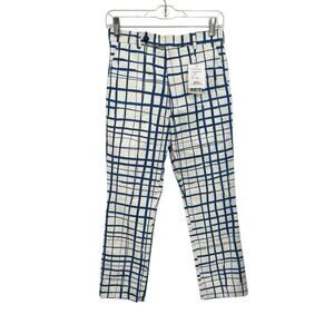 NWT Carven Pants Boot Cut Canvas Print Market Blue White Check Size 36